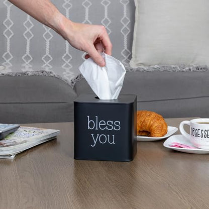 AuldHome Design Square Tissue Box Cover (Black); Modern Farmhouse Enamelware Tissue Holder - color: Black With "Bless You"