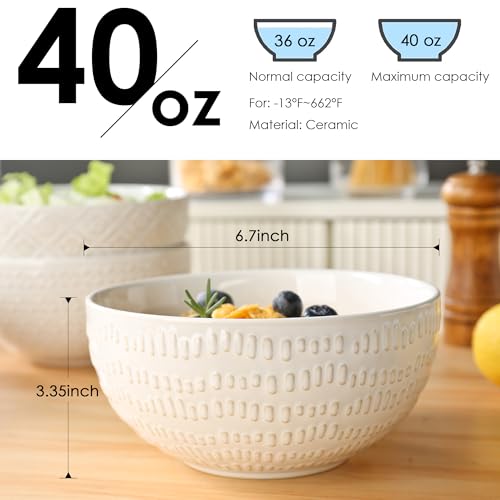 40 OZ Large Cereal Bowls Set of 4, Farmhouse Embossment Ceramic Salad Bowls for Soup, Serving, Fruit, Snack, Noodle, Ramen, Pho, Microwave & Dishwasher Safe, 6.7 Inch White - size: 6.7 INCH