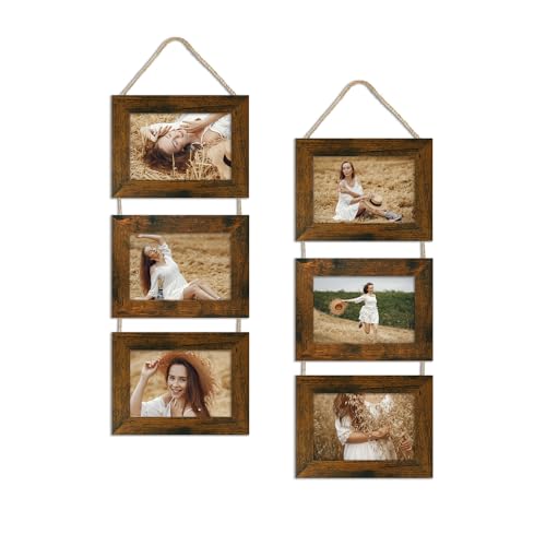 4x6 Collage Picture Frames Set of 2, Rustic Wooden Real Glass Horizontal Hanging 3 Opening 4 by 6 Photo Frame, Distressed Brown - color: Distressed Brown, size: Horizontal-4x6 in