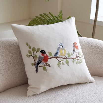 1PS Three Birds Branch Embroidery Craft Throw Pillow Cover, Natural Linen Fabric Decorative Cushion Cover, No Insert for Farmhouse Sofa Home Decor (Beige, 45x45cm) - size: 17.7" x 17.7" (Pack of 1)