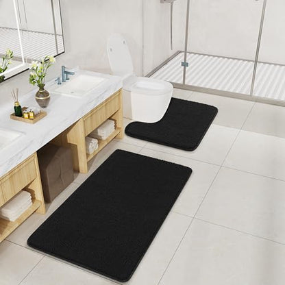 LOCHAS Bathroom Rugs Sets 2 Piece, 20''x20'' & 34''x21'', Black | Non Slip U-Shaped Toilet Rug, Chenille Washable Absorbent, Soft Bath Mat Set for Shower, Sink - color: Black