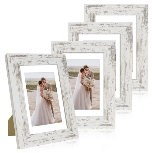 Hongkee 4x6 Picture Frame Set of 4, Made of Real Glass and Distressed White Wooden Frame, 4 by 6 Photo for Wall or Tabletop - Display Picture 3.5x5 with Mat or 4x6 Without Mat - color: Distressed White, size: 4x6 in
