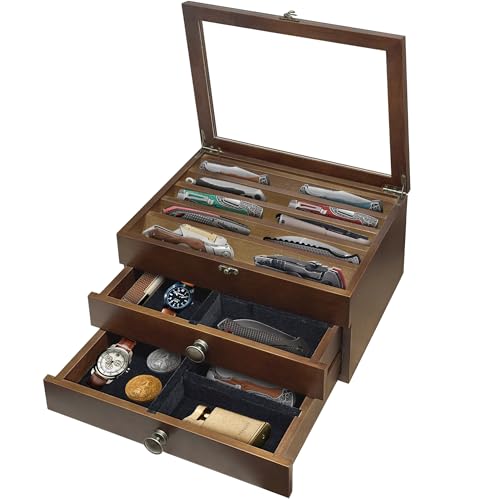Montex Knife Display Case, Wooden Knife Case, 2- Tier Knife Box, Knife Cases for Collections, Pocket Knife Organizer with Lid, Black (Walnut, 3 Layer) - color: Walnut, size: 3 Layer