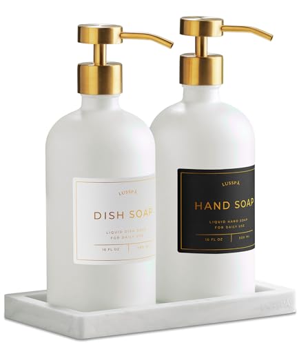 Glass Soap Dispenser Set of 2 (White) with Silicone Tray | Hand and Dish Soap Dispenser for Kitchen and Bathroom | 16.8 Oz Glass Bottles with Stainless Steel Pump & 15 Waterproof Labels (White/Gold) - color: White/Gold