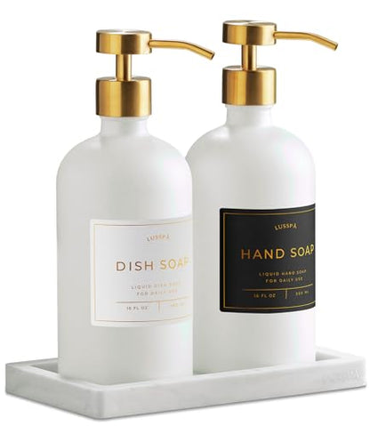 Glass Soap Dispenser Set of 2 (White) with Silicone Tray | Hand and Dish Soap Dispenser for Kitchen and Bathroom | 16.8 Oz Glass Bottles with Stainless Steel Pump & 15 Waterproof Labels (White/Gold) - color: White/Gold