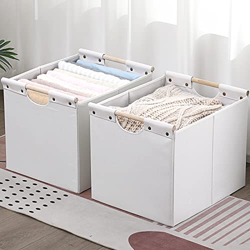 HOONEX Large Collapsible Storage Bins, Linen Fabric, Pack of 2, Storage Baskets with Wooden Carry Handles and Sturdy Heavy Cardboard, for Home, Office, Car, Nursery, White - color: White