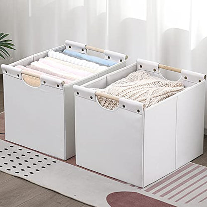 HOONEX Large Collapsible Storage Bins, Linen Fabric, Pack of 2, Storage Baskets with Wooden Carry Handles and Sturdy Heavy Cardboard, for Home, Office, Car, Nursery, White - color: White