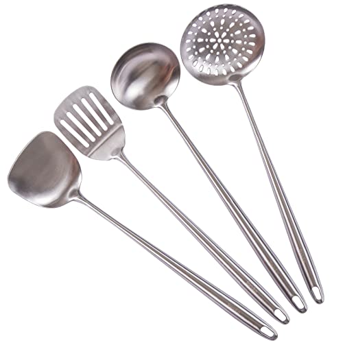 17″ Wok Utensils - Wok Spatula and Ladle, Skimmer Spoon, Slotted Spatula | 304 Stainless Steel Kitchen Utensils Set, 4-Pieces Extra Long Handle Cooking Tools, All Metal Chinese Wok Accessories