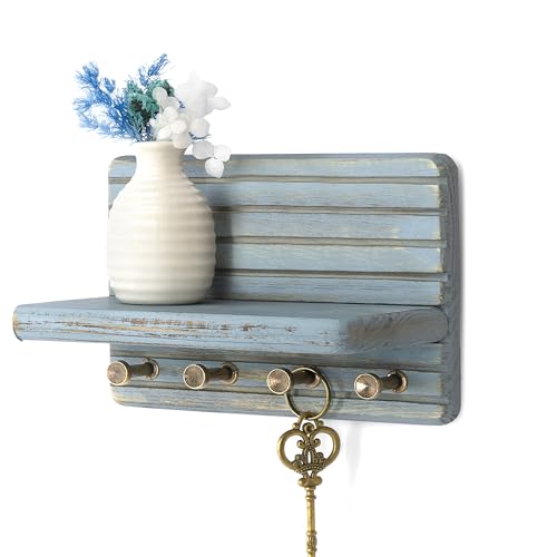 Rebee Vision Key Holder Wall Mount with Shelf & 4 Hooks for Entryway, Blue | Pine Wood, Key Holder for Wall, Mail Organizer, Room Decor, Compact Storage Accent, Home Essentials for Home Improvement - color: Blue, size: Small-7inch