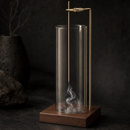 Wooden Aromatherapy Incense Holder – Upside Down Hanging Rack with 1L Ash Catcher for Home Office or Yoga Space Décor & Meditation (Glass Height 17cm)