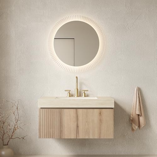 36" Floating Bathroom Vanity with Sink, MURI Wall Mounted Plywood Cabinet, Sintered Stone Countertop, Ceramic Basin with 3 Faucet Hole, Drawer & Door Storage, Pre-Assembled, Beige Top White Oak - color: White Oak,beige Travertine-pattern Top, size: 36"+Be