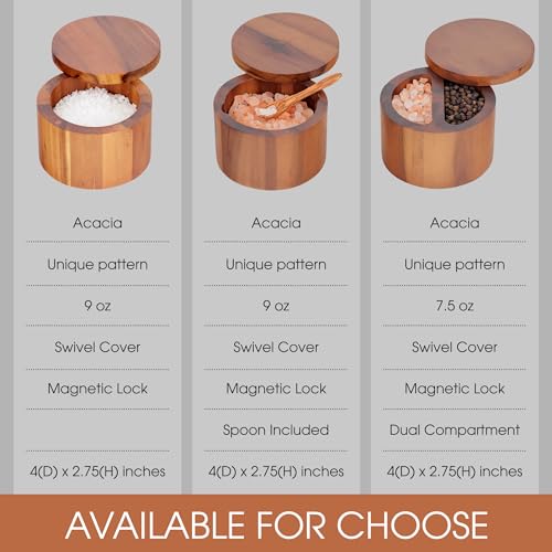 Demigo Acacia Wood Salt Cellar, 9 oz Salt Box with Swivel Lid, Spice Jar | Wooden Salt Keeper & Seasoning Storage for Kitchen Counter, Holds Table Salt, Sea Salt, Herbs, Pepper & Sugar - color: Acacia Original Salt Box