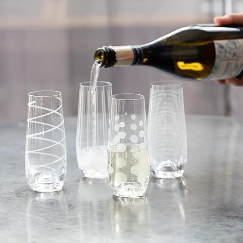 Mikasa Cheers Stemless Flutes, 7.5 Oz - Clear, Set of 4 | Lead-Free Crystal Drinkware with Dot, Line & Swirl Designs for Champagne, Prosecco, Cocktails & Mimosas, Dishwasher Safe - style: Stemless Flutes