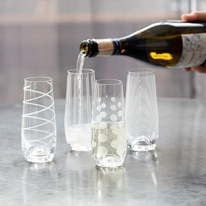 Mikasa Cheers Stemless Flutes, 7.5 Oz - Clear, Set of 4 | Lead-Free Crystal Drinkware with Dot, Line & Swirl Designs for Champagne, Prosecco, Cocktails & Mimosas, Dishwasher Safe - style: Stemless Flutes