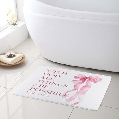 HVEST Pink Bow Bath Mat for Bathroom, Christian Bible Verse Pattern Non-Slip Bathroom Mat, Cute Memory Foam Bath Rug, Shower Mats, Quick-Drying Toilet Rug, 23X15 Inches - color: Pink White
