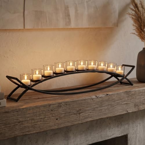 Table Centerpiece for Dining Room, Extra Long Candle Holder, Clear | Iron Arch 10 Cup Candelabra, Mantel Patio Kitchen Coffee Decor, Black Metal, Chunky Clear Glass Cups, 36in Long - color: Black/Clear, size: 10 Cup
