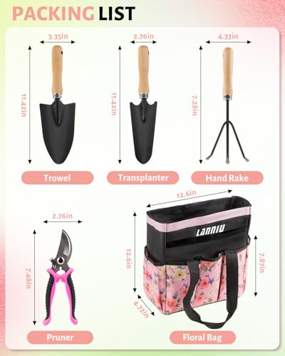 5 Piece Pink Gardening Tool Set for Women | Floral Garden Bag, Garden Tool Kit, Gifts for Wife - style: 5-Piece Pink With Bag