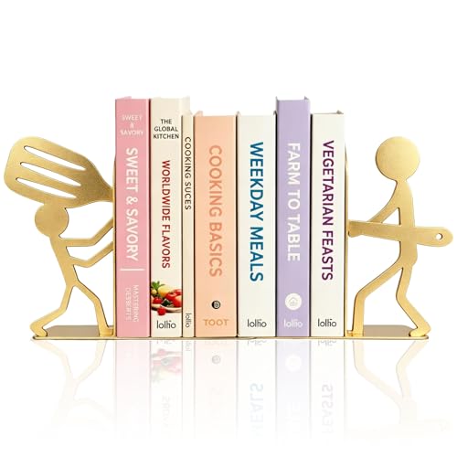 ENCIMART People Gold Bookends Decorative Metal Book Ends for Shelves | Kitchen Bookends for Heavy Books, Unique Cute Cookbook Organizer Book Holder for Kitchen Housewarming Cooking - color: Gold Cook