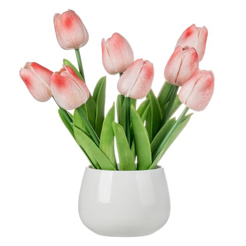 MyGift Artificial Pink Tulips in White Ceramic Vase, Faux Floral Decor | Realistic pink tulip arrangement in a ceramic vase adds timeless floral charm without watering or seasonal upkeep - color: Pink Tulips