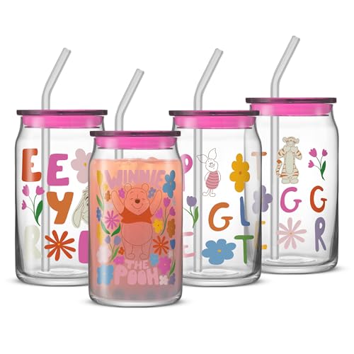 JoyJolt Disney Winnie the Pooh & Friends Flower Power Glass Tumblers with Lids and Straws, 16oz Glass Cups with Lids and Straws, Can Shaped Drinking Glasses Set of 4, Disney Gifts for Adults - style: Winnie the Pooh