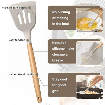 E-far Silicone Cooking Utensils Set, 5-Piece Kitchen Utensils Set with Wooden Handle for Cooking, Silicone Kitchen Nonstick Tools Spatula Turner Slotted Spoons, Nontoxic & Heat Resistant-Khaki - color: Khaki, size: 5