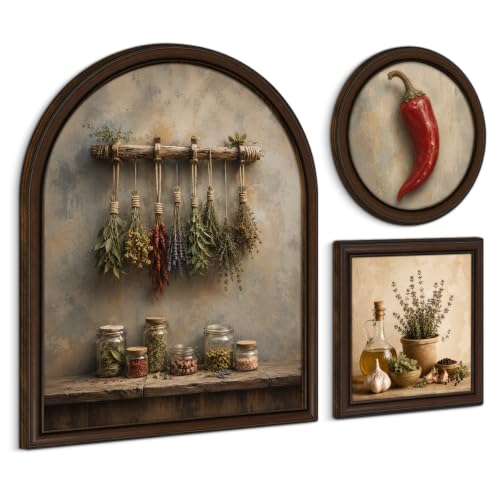 3 Pcs Vintage Herbs Kitchen Wall Art Sign, Framed Farmhouse Wall Decor | Moody Botanical Wall Decor for Kitchen Farmhouse Pantry Dining Room - color: Herbs
