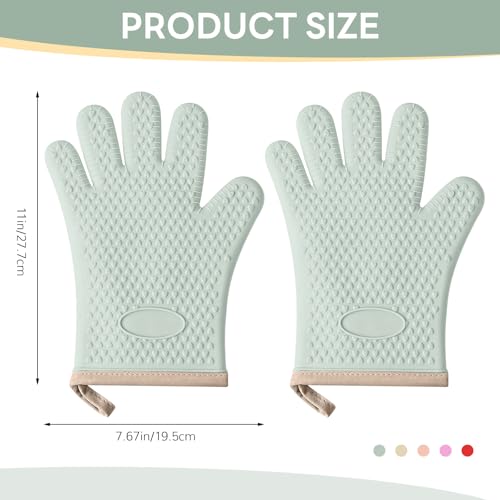 1 Pair Oven Mitts, Heat Resistant Protective Oven Gloves, Cotton Lined Silicone Kitchen Mitts Pair, Nonslip Silicone Cooking Gloves with Fingers (Mint Green) - color: Mint Green