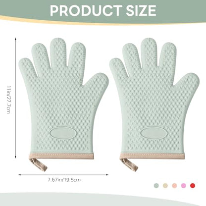 1 Pair Oven Mitts, Heat Resistant Protective Oven Gloves, Cotton Lined Silicone Kitchen Mitts Pair, Nonslip Silicone Cooking Gloves with Fingers (Mint Green) - color: Mint Green