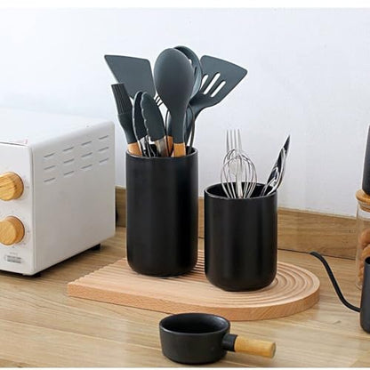 Kitchen Utensil Holder, 6.3"+5.3" Ceramic Kitchen Utensil Holder for Countertop, Large Cooking Utensil Crock for Kitchen Counter, Set of 2, for Spoons, Spatulas, Utensils (Black Set) - color: Black Set