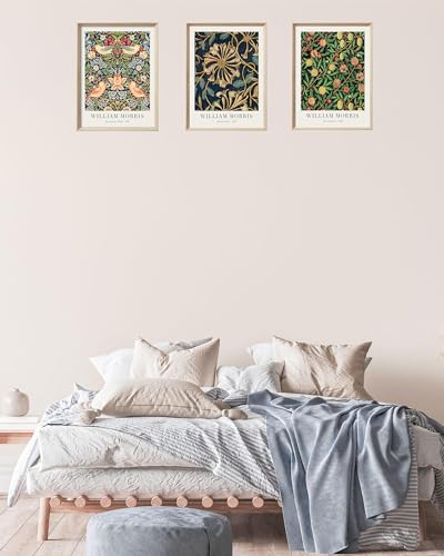 UPWOIGH William Morris Inspired Framed Prints, 12 x 16 Inch, Set of 3 | Strawberry Thief, Honeysuckle and Fruit Prints, Rich Blue and Gold Tones, Light Wood Frames for Bedroom and Gallery Wall - color: Morris Gold MDF