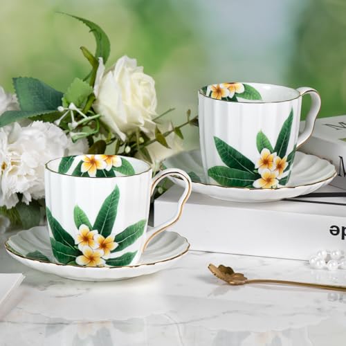 KAMMAK Tea Cups and Saucers Set of 2, Porcelain Coffee Cups, JBE012 | Stackable Espresso Mugs, Ceramic Demitasse for Coffee, Cappuccino, Latte, Americano, Tea - size: 8CZJBE012