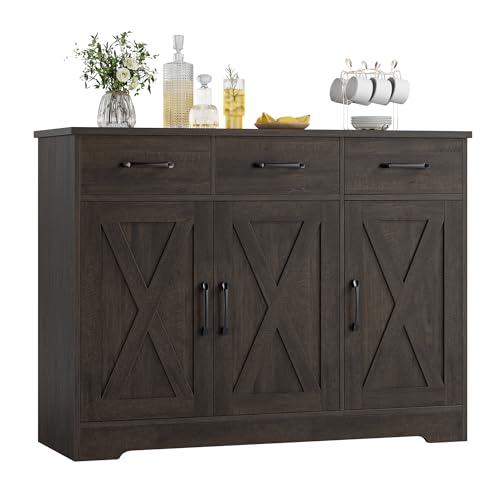 HOSTACK Kitchen Buffet Cabinet with Storage, Sideboard Coffee Bar, Brown | Farmhouse Kitchen Storage Cabinet with 3 Drawers & Adjustable Shelf & Doors, 42.5"W Buffet Table for Dining Living Room - color: Dark Brown