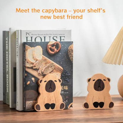 2-Pack Capybara Beech Bookends, 4.9x4.4in | Solid Wood, Natural Grain, Non-Slip Base, Ready to Use, for Shelves/Desk/Kids Room - color: Capybara
