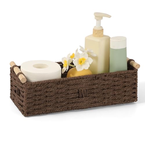 Toilet Paper Wicker Basket, Paper Rope Storage Basket with Wooden Handle, Wicker Baskets for Organizing, Decorative Storage Wicker Bins for Countertop, Small Basket Fits with Any Decor - color: Brown-1