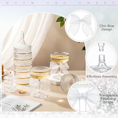 Set of 24 Plastic Champagne Coupe Glasses with Bow 7 oz Gold Champagne Tower Set Stackable Acrylic Ribbed Martini Glasses Cocktail Coupe Cup for Wedding Birthday Party Bar(Organza,White) - color: White, style: Organza