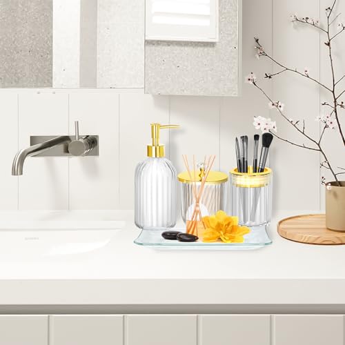 Bathroom Accessories Set, 4Pcs Clear and Gold Glass Bathroom Accessories Sets Complete w/Lotion Soap Dispenser, Toothbrush Holder, Apothecary Jar, Vanity Tray, Bathroom Decor | Kit w/ Bathroom Soap Dispenser Set, Toothbrush Holder, Qtip Holder, Vanity Tra
