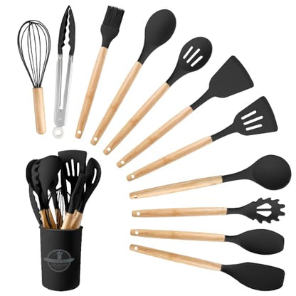 Silicone Cooking Utensils Set, 12Pcs Large Heat Resistant Kitchen Utensils, Turner Tongs, Spatula, Spoon, Wooden Handle Kitchen Gadgets with Holder for Nonstick Cookware, Dishwasher Safe (Black) - color: Black