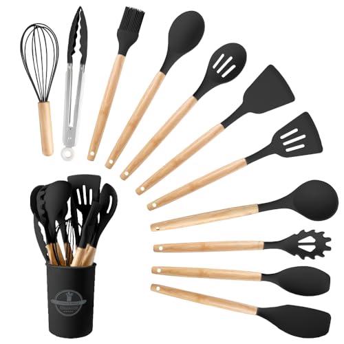 Silicone Cooking Utensils Set, 12Pcs Large Heat Resistant Kitchen Utensils, Turner Tongs, Spatula, Spoon, Wooden Handle Kitchen Gadgets with Holder for Nonstick Cookware, Dishwasher Safe (Black) - color: Black