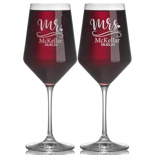 Personalized Wedding Wine Glasses, Engraved Mr & Mrs Wine Glass | Custom Crystal Glass for Bride and Groom, 18oz Wedding Glasses, Personalized Gifts for Couples, Husband and Wife, Newlyweds - color: Crystal Wine, size: Traditional
