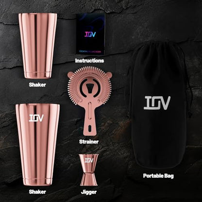 IOV Boston Cocktail Shaker Bar Set, Bartender Kit Drink Mixer Set with 18 oz & 28 oz Boston Shakers, Hawthorne Strainer, Double Jigger, Bar Tool Kit and Recipe Booklet - Rose Gold - color: 3 Pcs - Rose Gold