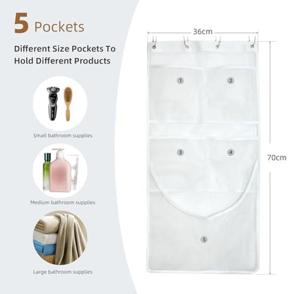 2PCS Mesh Shower Organizer Hanging,Shower Curtain Liner Pockets Hanging with Pockets Quick Dry Cruise RV Camper Bathroom Organizer with Shower Curtain Hooks - size: 2 Pack | White