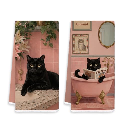 Pink Funny Black Cat Bathroom Hand Towels 16x24 in Set of 2 YSZ-t | Black Cat Lover Gifts for Women, Girly Pink Aesthetic Cat Decorative Hand Towels for Girls Bathroom - color: White-pink Cat Set 2