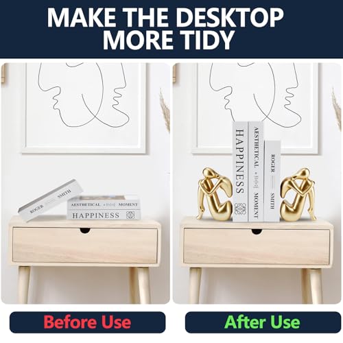 Gold Bookends Book Ends, Unique Decorative Girl Thinker Design,Non-Slip Home Office Bookshelf Decor, Modern Book Holder for Shelves, Heavy Duty Resin Book Stopper for Books,1Pair/2Piece