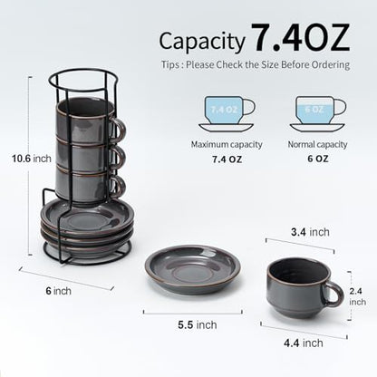 JIEMEI HOME Porcelain Stackable Cappuccino Cups with Saucers and Metal Stand, 7 Ounce Espresso Cups for Latte Coffee Cafe, Specialty Coffee Drinks, Cappuccino and Tea - Set of 4, Purple-Gray - color: Purple-Gray