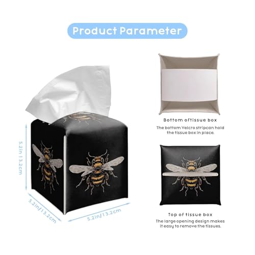 Bee Artwork PU Leather Tissue Box Cover 5.2 in | Bee insect artwork design; 5.2-inch premium PU tissue box cover with hand-stitched look and removable liner. - color: Bee