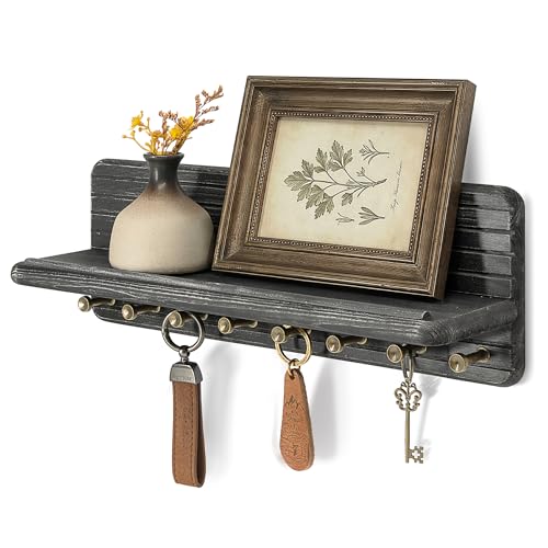 Rebee Vision Key Holder Wall Mount with 8 Key Hooks Home Decor, Old Black | Pine Wood, Key Holder for Wall, Round Corner, Key Hanger for Wallets, Mail Organizer, New House Essentials, Home Storage - color: Old black