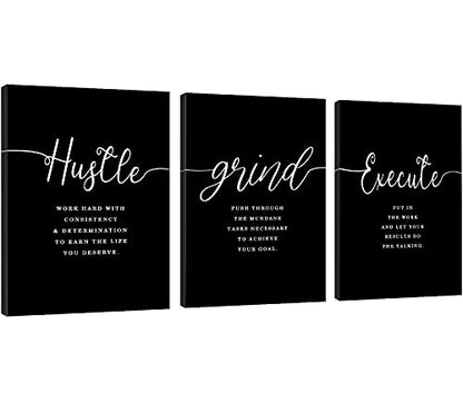 Hustle Quotes Execute Prints, Framed Canvas Wall Art Success Quote, Office Wall Art, Black Large Poster, Positive Motivational Set of 3 Prints, Boss Gift (F-3pcs,20x30inchx3pcs) - color: F-3pcs, size: 20x30inchx3pcs