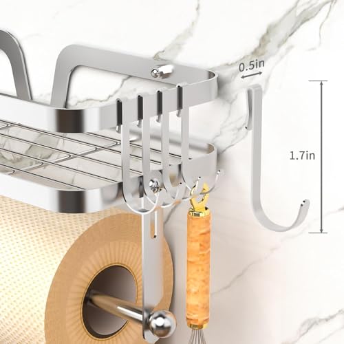 Taozun Paper Towel Holder with Shelf, Kitchen Paper Holder Wall Mount Spice Rack Paper Towel Roll Holder with 4 Hooks (2 Installation Methods - Self-Adhesive and Drilling), Silver - style: SP007 Silver