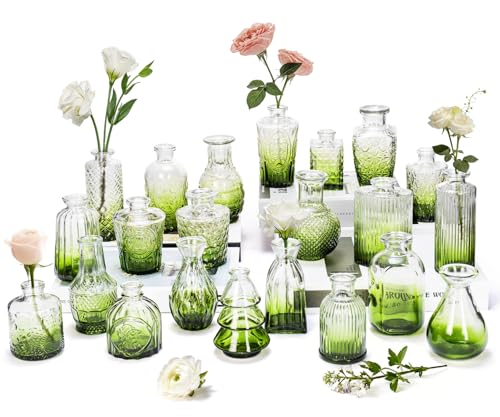 Clear Gradient Green Glass Bud Vase Set of 22 Pcs,Small Bud Vases in Bulk,Glass Crystal Flower Vases Table Centerpieces for Party Event Wedding Decor Baby Shower Decorations (Gradient Green, 22 Pcs) - color: Gradient Green, size: 22 Pcs