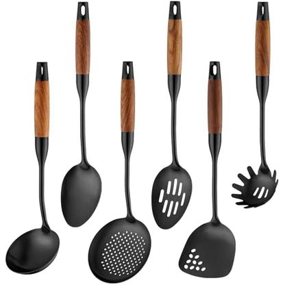Izurok 18/10 Stainless Steel Kitchen Utensils Set,6 Piece Cooking Utensils With Wood Handle,Heat Resistant Kitchen Tool Set With Spatula, Spoon, Ladle, Skimmer, Slotted Spoon, Pasta - color: BLACK-6 Pieces, size: Large